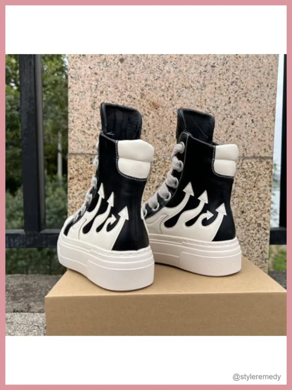 Unisex Flame Round Toe Platform Chunky Heels Sneakers Vegan PU Leather High Top